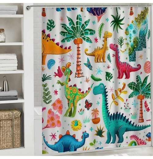 Shangniulu Cartoon Dinosaur Shower Curtain Colorful Animals Plants for Boys Girls Polyester Fabric Waterproof Shower Curtain Sets Machine Washable Decor Bath Curtain