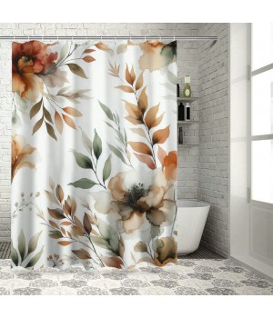 Shangniulu Orange Eucalyptus Shower Curtain, Fall Watercolor Plant Leaves with Bathroom Shower Curtain Set with Hooks