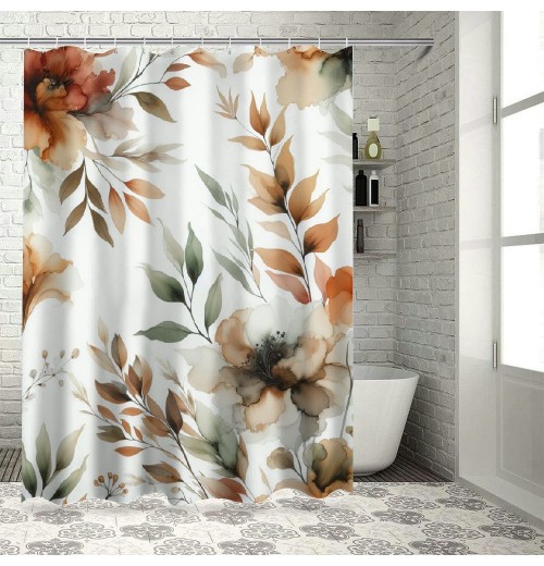 Shangniulu Orange Eucalyptus Shower Curtain, Fall Watercolor Plant Leaves with Bathroom Shower Curtain Set with Hooks