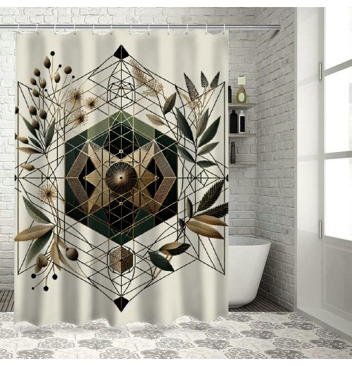 Shangniulu Eucalyptus Leaves Shower Curtain, Art Deco Inspired Geometric Rhombus Ornament Botanical Look,  Fabric Bathroom Decor Set with Hooks