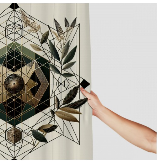 Shangniulu Eucalyptus Leaves Shower Curtain, Art Deco Inspired Geometric Rhombus Ornament Botanical Look,  Fabric Bathroom Decor Set with Hooks