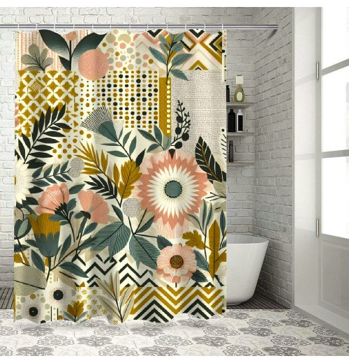 Shangniulu Shower Curtain, Springtime Treasured Flowers and Zigzags Boho Nordic,  Fabric Bathroom Decor Set with Hooks