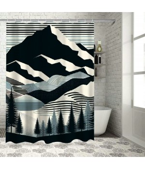 Shangniulu Striped Shower Curtain, Boho Mountain Scenery with Woods and Line Details,  Fabric Bathroom Decor Set with Hooks