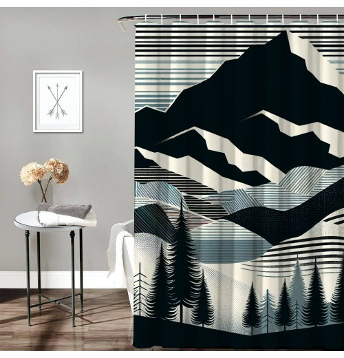 Shangniulu Striped Shower Curtain, Boho Mountain Scenery with Woods and Line Details,  Fabric Bathroom Decor Set with Hooks