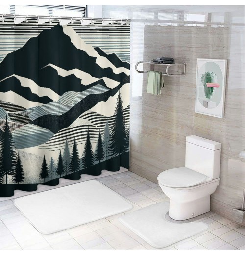 Shangniulu Striped Shower Curtain, Boho Mountain Scenery with Woods and Line Details,  Fabric Bathroom Decor Set with Hooks