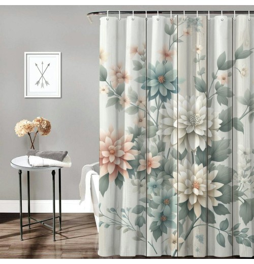 Shangniulu Pink Shower Curtain, Modern Farmhouse Themed Tender Flowering Scene on Rustic Backdrop Realist Look,  Fabric Bathroom Decor Set with Hooks