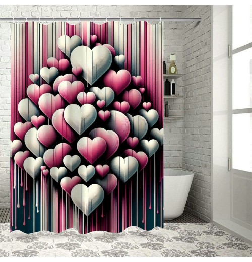 Shangniulu Pink Shower Curtain, Futurist Love Concept Grunge Design Hearts with Faded Effect Lines Print Graffiti,  Fabric Bathroom Decor Set with Hooks