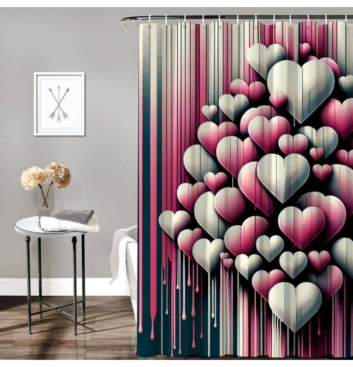 Shangniulu Pink Shower Curtain, Futurist Love Concept Grunge Design Hearts with Faded Effect Lines Print Graffiti,  Fabric Bathroom Decor Set with Hooks