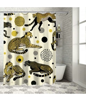 Shangniulu Pink Shower Curtain, Feels Animal Pattern with Bohemian Polka Dotted Backdrop,  Fabric Bathroom Decor Set with Hooks, 69" W x 70" L, Mustard Pale Rose Grey