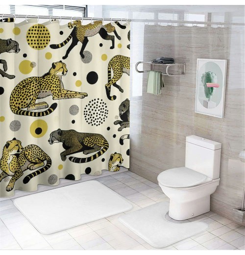 Shangniulu Pink Shower Curtain, Feels Animal Pattern with Bohemian Polka Dotted Backdrop,  Fabric Bathroom Decor Set with Hooks, 69" W x 70" L, Mustard Pale Rose Grey