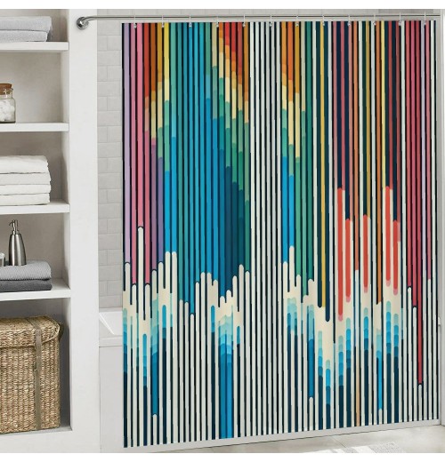 Shangniulu Abstract Shower Curtain, Vibrant Colored Stripes Vertical Pattern Funky a Modern Tile Illustration,  Fabric Home Bathroom Art for Bath Decor Set with Hooks