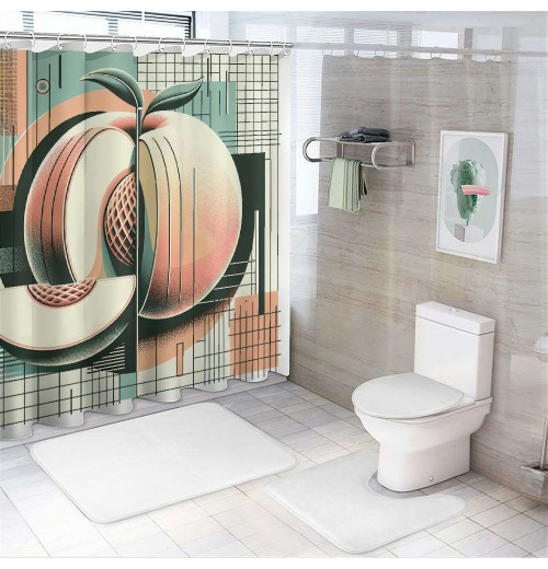 Shangniulu Peach Shower Curtain, Watercolor Painted Look Fruits on Simplistic Geometric Background,  Fabric Bathroom Decor Set with Hooks