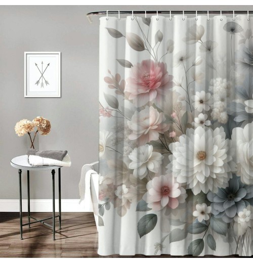 Shangniulu Pink Shower Curtain, Dreamy Huddle of Carnation Flowers with Gentle Petals on Plain Backdrop,  Fabric Bathroom Decor Set with Hooks, 69" W x 70" L, Dark Sea Green Pale Khaki