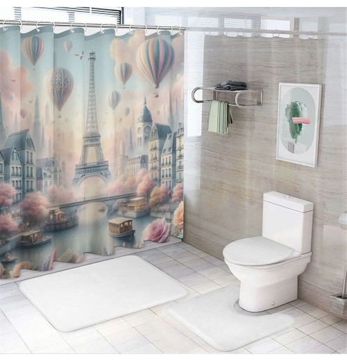 Shangniulu Pink Shower Curtain, Blush Tone Atmosphere Dreamy Paris with Flowers Balloons and Eiffel Tower,  Fabric Bathroom Decor Set with Hooks