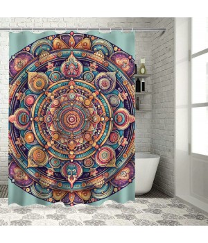 Shangniulu Pink Shower Curtain, Bohemian Mandala Composition Retrospective Circles and Lines Mid Century Modern,  Fabric Bathroom Decor Set with Hooks, 69" W x 70" L, Dried Rose Peach