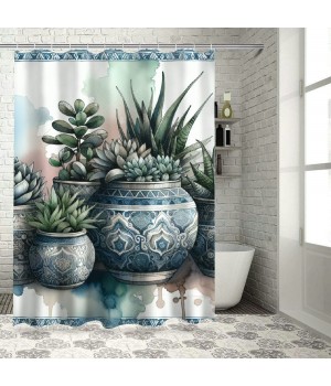 Shangniulu Botanical Shower Curtain, Exotic Leaves on Ethnic Pots on Colorful Watercolor Backdrop,  Fabric Bathroom Decor Set with Hooks