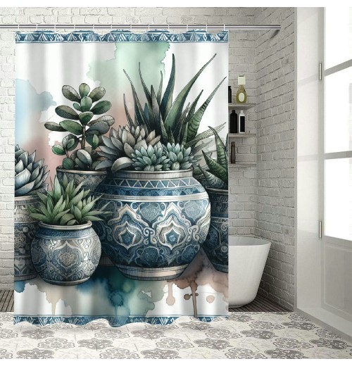 Shangniulu Botanical Shower Curtain, Exotic Leaves on Ethnic Pots on Colorful Watercolor Backdrop,  Fabric Bathroom Decor Set with Hooks