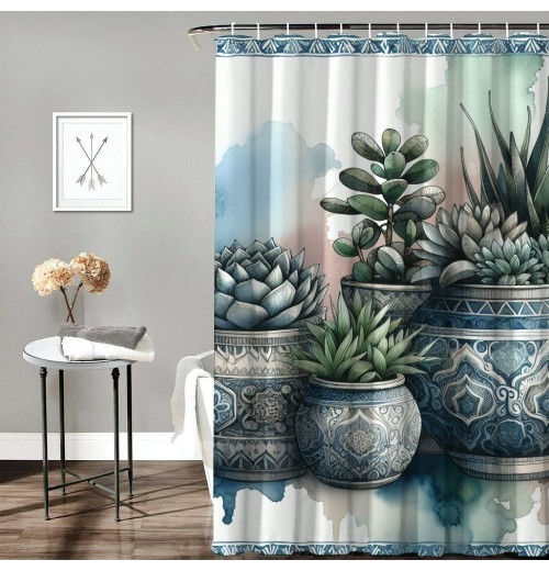 Shangniulu Botanical Shower Curtain, Exotic Leaves on Ethnic Pots on Colorful Watercolor Backdrop,  Fabric Bathroom Decor Set with Hooks