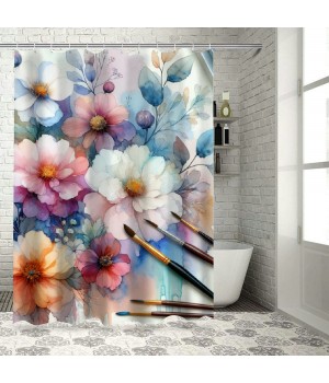 Shangniulu Watercolor Flower Shower Curtain, Summer Flowers in Retro Style Painting Effect Nature is Art,  Fabric Bathroom Decor Set with Hooks