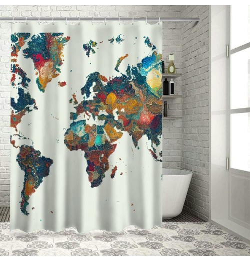 Shangniulu Earth Shower Curtain, Detailed World Map with All Countries Major Capital Cities Universe Continents,  Fabric Bathroom Decor Set with Hooks