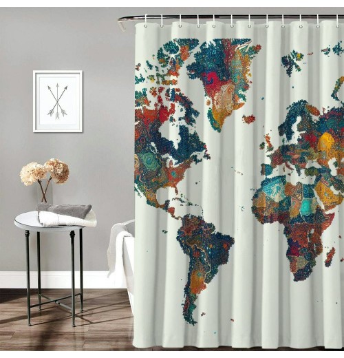 Shangniulu Earth Shower Curtain, Detailed World Map with All Countries Major Capital Cities Universe Continents,  Fabric Bathroom Decor Set with Hooks