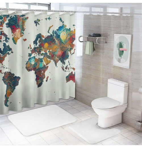 Shangniulu Earth Shower Curtain, Detailed World Map with All Countries Major Capital Cities Universe Continents,  Fabric Bathroom Decor Set with Hooks