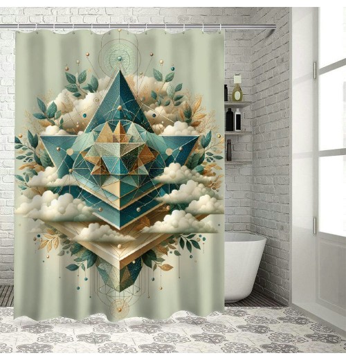 Shangniulu Eucalyptus Leaves Shower Curtain, Rhomboid Shape with Botanical Blooms Leafs on Dreamy Clouds,  Fabric Bathroom Decor Set with Hooks