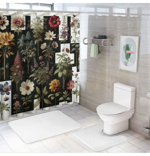 Shangniulu Floral Eucalyptus Shower Curtain, Colorful Blossomy Meadow Wild Flowers Botanical Themed,  Fabric Bathroom Decor Set with Hooks