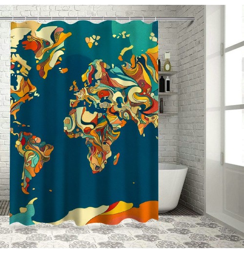 Shangniulu Abstract Map Shower Curtain, Detailed World Map with All Countries Major Capital Cities Universe Continents,  Fabric Bathroom Decor with Hooks