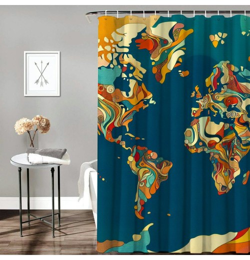 Shangniulu Abstract Map Shower Curtain, Detailed World Map with All Countries Major Capital Cities Universe Continents,  Fabric Bathroom Decor with Hooks