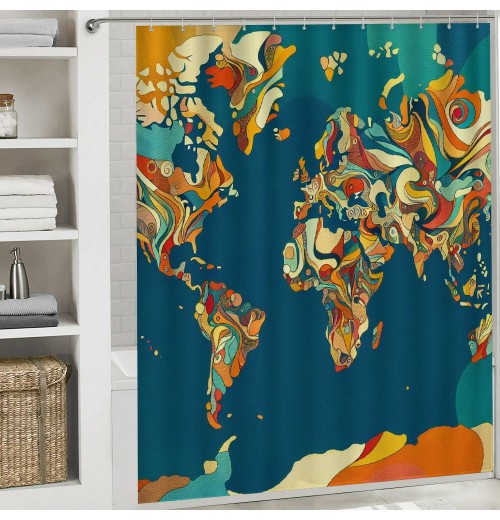 Shangniulu Abstract Map Shower Curtain, Detailed World Map with All Countries Major Capital Cities Universe Continents,  Fabric Bathroom Decor with Hooks