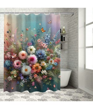 Shangniulu Shower Curtain, Creative Boho Wild Garden Bursting into Flowers Vintage ,  Fabric Bathroom Decor Set with Hooks