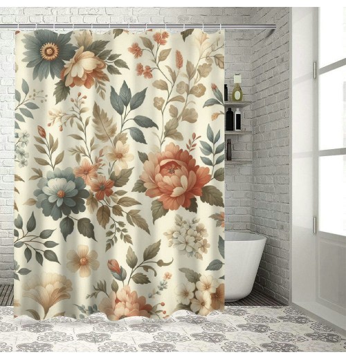 Shangniulu Shower Curtain, Minimal Flowers in Pastel Color Palette ,  Fabric Bathroom Decor Set with Hooks