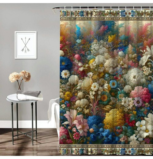 Shangniulu Colorful Flower Shower Curtain, Abstract Themed Modern Futuristic Image with Like Colored Artwork Print,  Fabric Bathroom Decor Set with Hooks