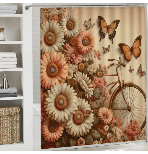 Shangniulu Shower Curtain, with Tender Clouds Butterflies Flowers and ,  Fabric Bathroom Decor Set with Hooks