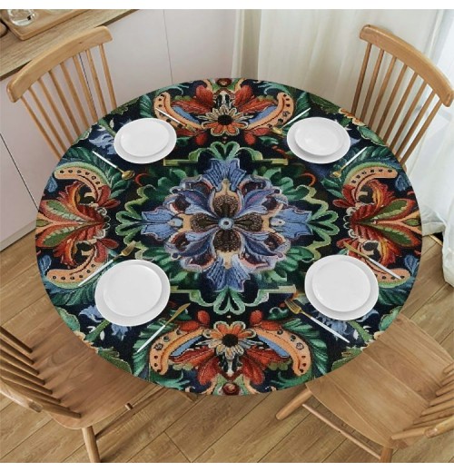 Shangniulu  Printing Round Table with Elastic Edge, Abstract Flower Waterproof Design Round Table Cover, Table Decoration 