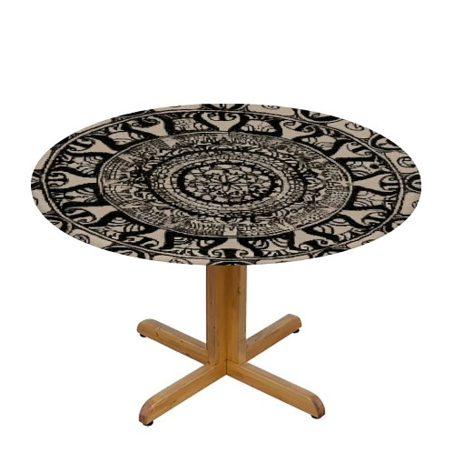 Shangniulu Brown Round Table with Elastic Edge, Abstract Round Designed with Flower Leaves and Elements, Table Decoration 