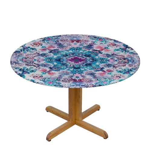 Shangniulu Round Table with Elastic Edge, Medallion Design Floral Patterns and Leaves Boho Style Prints Table cover,for Restaurant Kitchen Parties