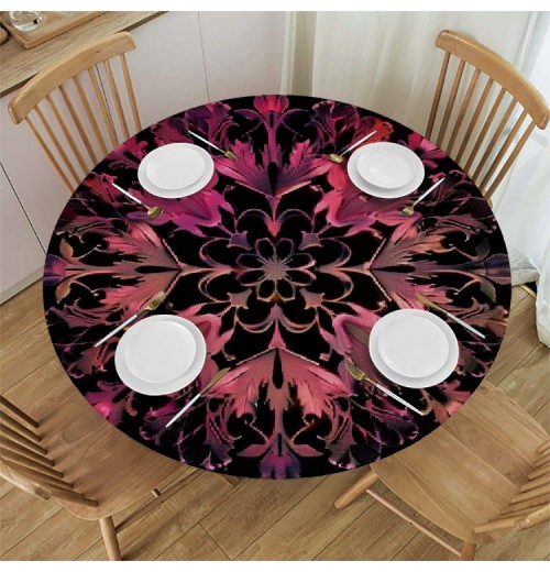 Shangniulu Red and Black Round Table with Elastic Edge, Design Flowers and Leaves Image Table cover, for Restaurant Kitchen Parties