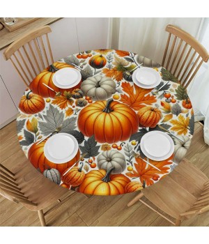 Shangniulu  Round Table Fitted Table Cover with Elastic Edged Pumpkin Leaves Pattern Waterproof Table  for Party Kitchen Dining Indoor Outdoor Table