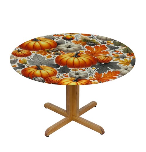 Shangniulu  Round Table Fitted Table Cover with Elastic Edged Pumpkin Leaves Pattern Waterproof Table  for Party Kitchen Dining Indoor Outdoor Table