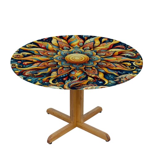 Shangniulu  Round Table Fitted Table Cover with Elastic Edged Ethnic Mandala Flower Floral Fish Waterproof Table  for Party Kitchen Dining Indoor Outdoor Table