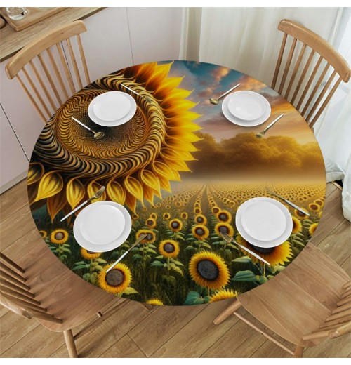 Shangniulu  Round Table Fitted Table Cover with Elastic Edged Floral Flower Sunflower Waterproof Table  for Party Kitchen Dining Indoor Outdoor Table