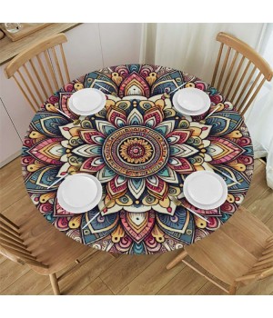 Shangniulu  Round Table Fitted Table Cover with Elastic Edged Ethnic Floral Mandala Retro Pattern Waterproof Table  for Party Kitchen Dining Indoor Outdoor Table