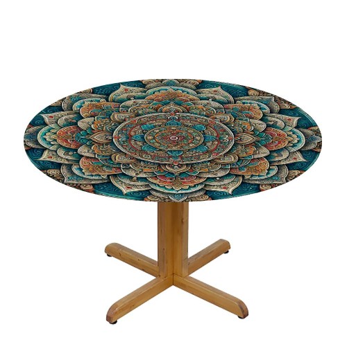 Shangniulu Round Table Fitted Table Cover with Elastic Edged Floral Ethnic Mandala Boho Waterproof Table  for Party Kitchen Dining Indoor Outdoor Table