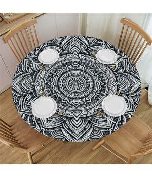 Shangniulu  Round Table Fitted Table Cover with Elastic Edged Retro Boho Indian Mandala Waterproof Table  for Party Kitchen Dining Indoor Outdoor Table