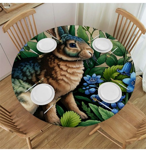 Shangniulu  Round Fitted Table Cute Rabbit Bunny Flower Table  with Elastic Edged Waterproof Wipeable Round Table Cover for Patio Parties Outdoor Decor