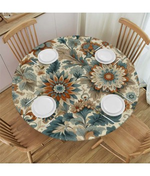 Shangniulu Round Table Fitted Waterproof Table Cover Boho Abstract Blossom Flower,Elastic Edged Washable Table s for Kitchen Dinning Picnic Party Decor Botanical Leaves on 