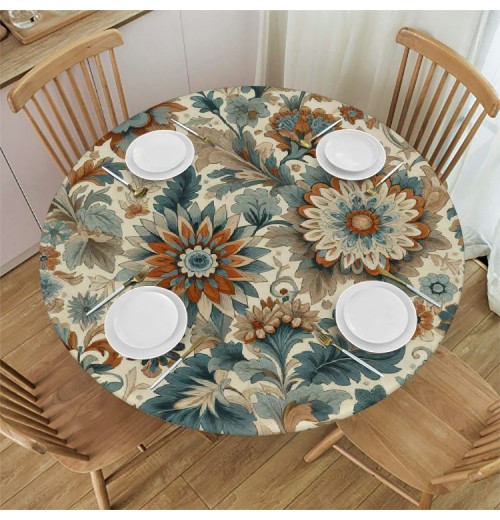 Shangniulu Round Table Fitted Waterproof Table Cover Boho Abstract Blossom Flower,Elastic Edged Washable Table s for Kitchen Dinning Picnic Party Decor Botanical Leaves on 