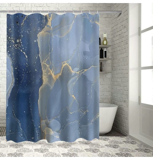 Shangniulu Stall Shower Curtain with Hooks Shower Stall Curtain Light Blue Marble Gold Shower Curtain for Bathroom/RV and Camper